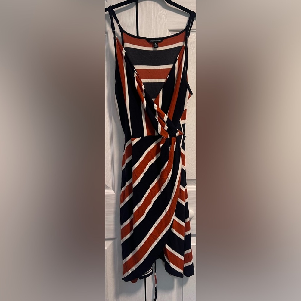 Women's 41 Hawthorn Blue/Orange/White Striped Faux Wrap Sleeveless Dress